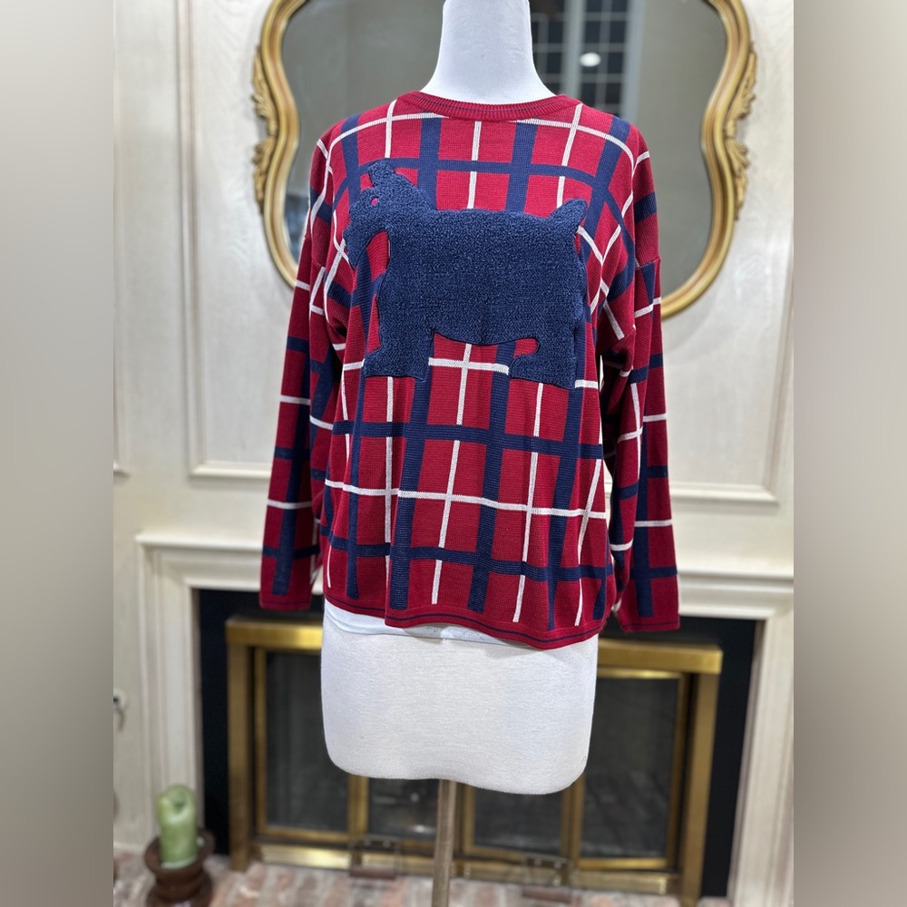 Vintage Chaus‎ Sport Sweater Red Blue Plaid Scottie Dog Knit Top M Korea